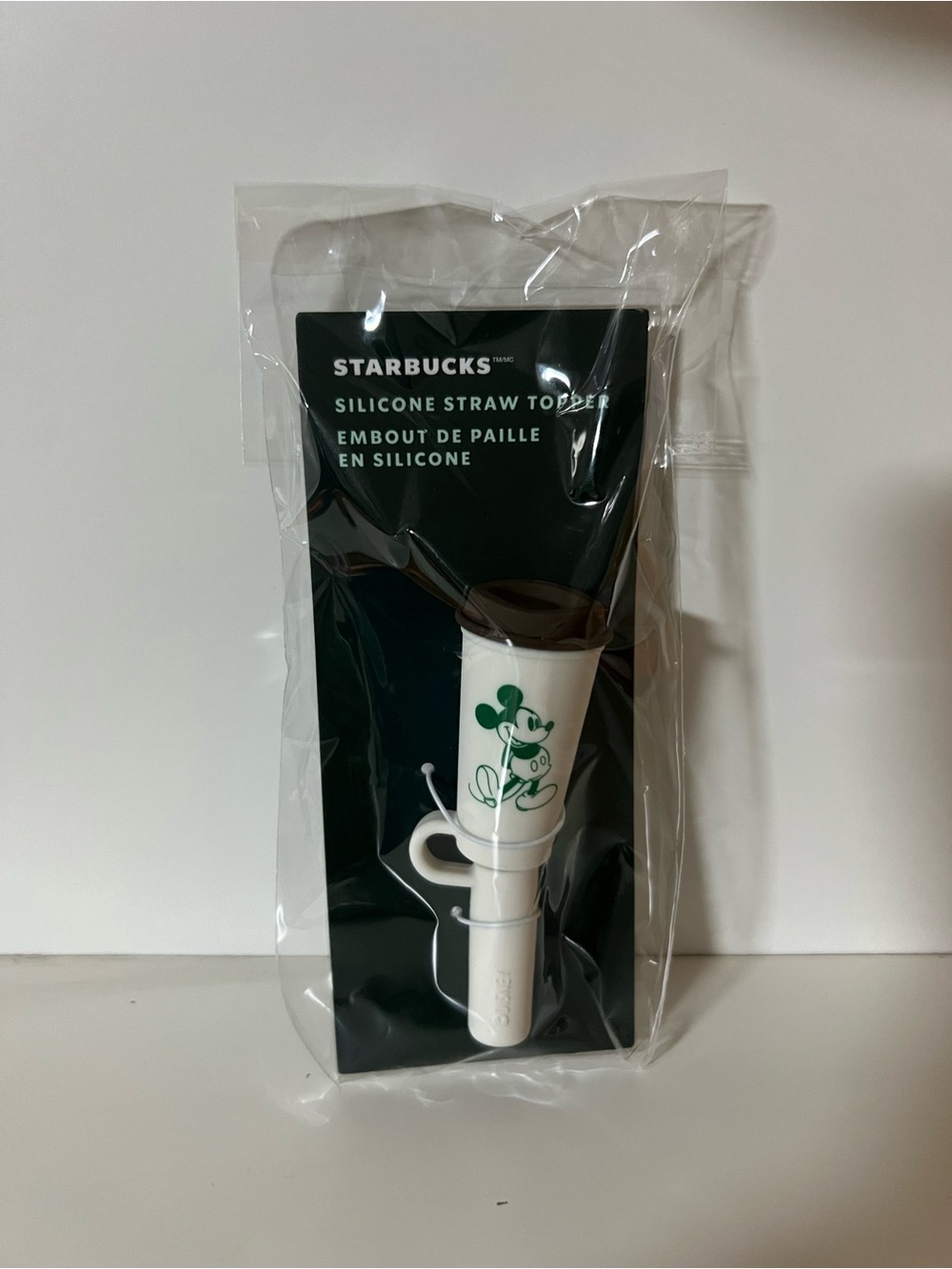 Starbucks White Silicone Straw Topper with Green Mickey Graphic